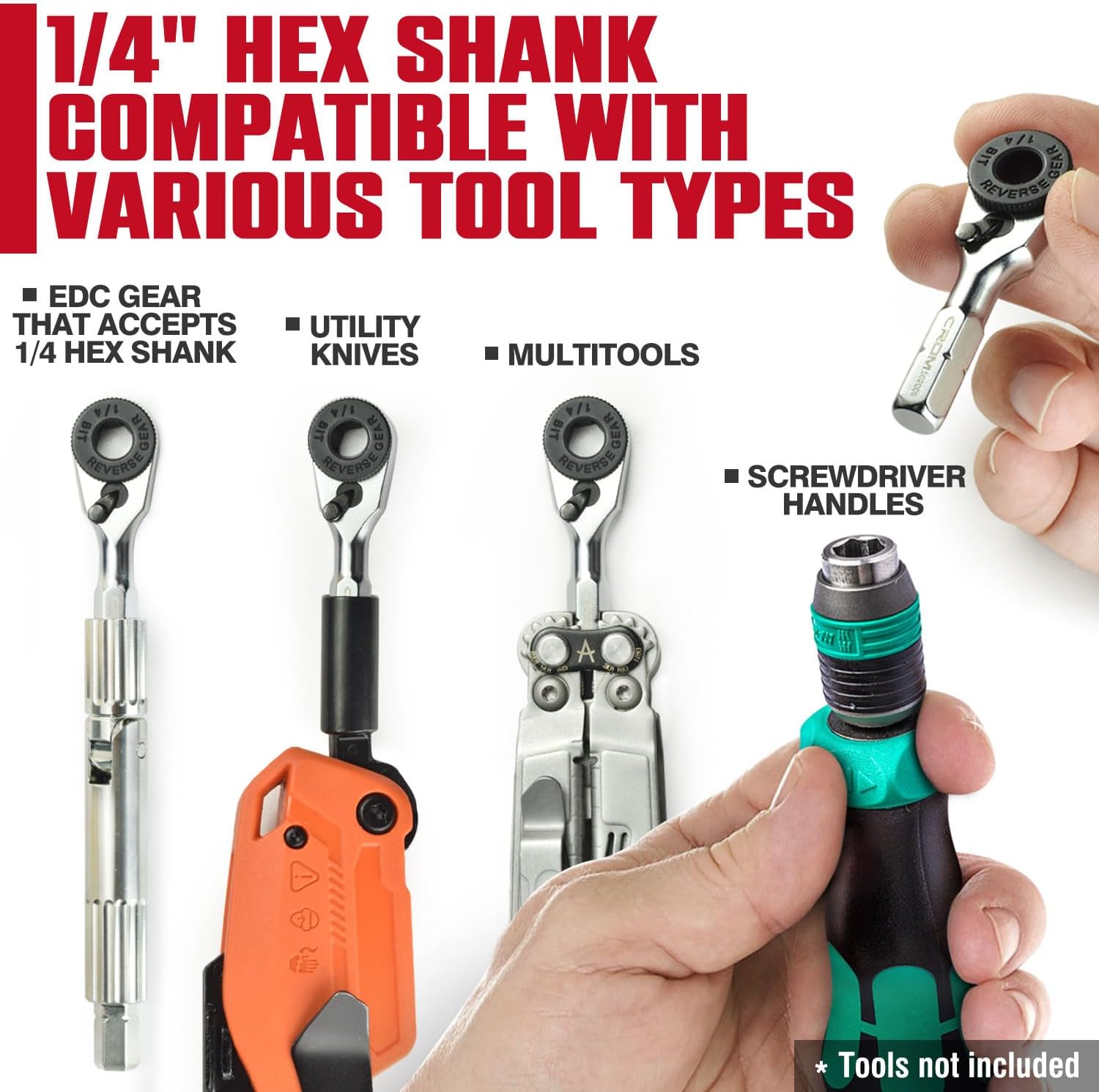 CROM EDC Mini Ratchet Wrench – 1/4-Inch Hex End Multitool Accessory with Bit Holder, Compatible with other 1/4” drivers (Ratchet w/Bit Holder)