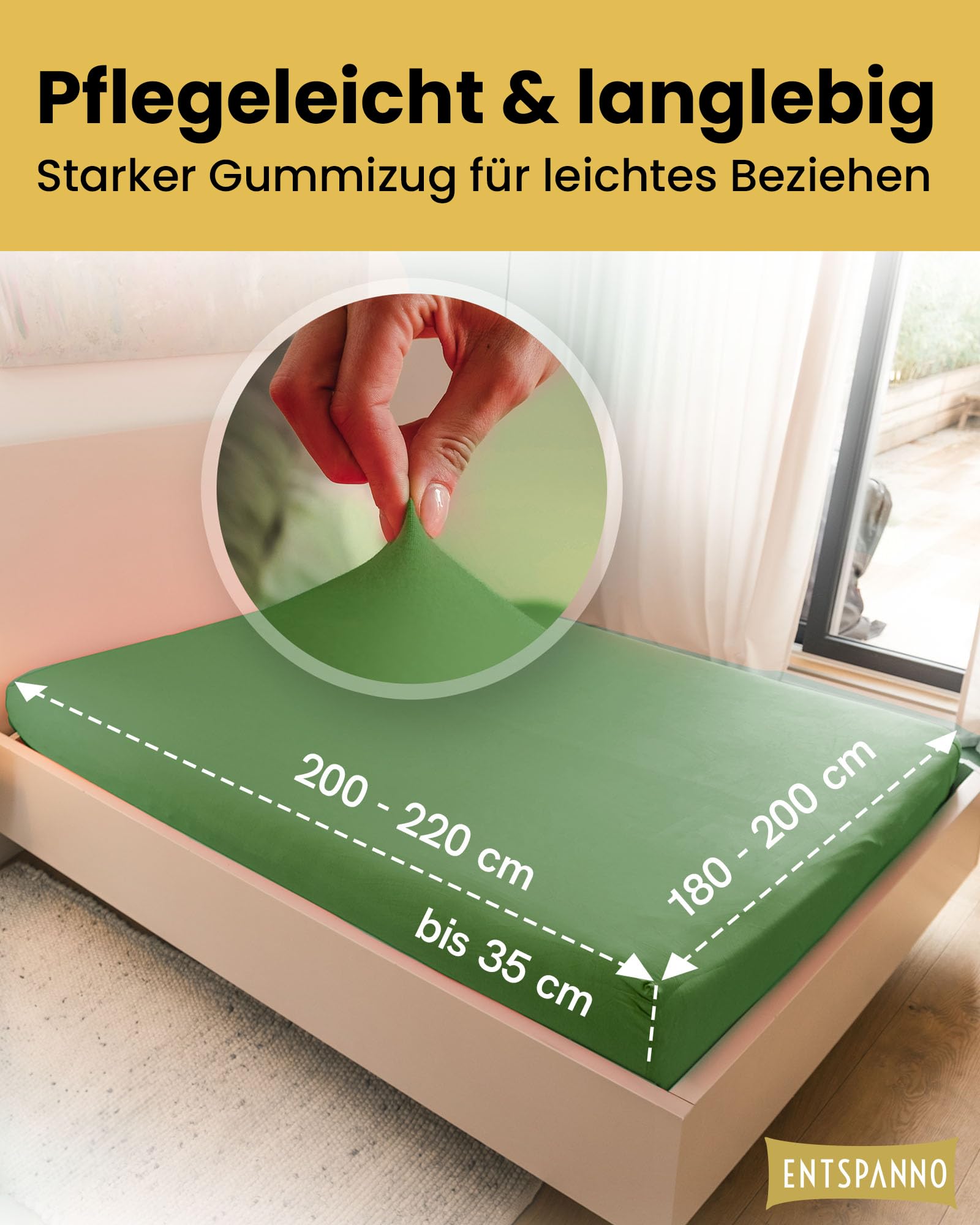 ENTSPANNO Luxus Spannbettlaken 180 x 200 bis 200 x 220 cm - Aus Premium Jersey - Ideal für Wasser- u. Boxspringbetten bis 35cm Höhe - Blattgrün