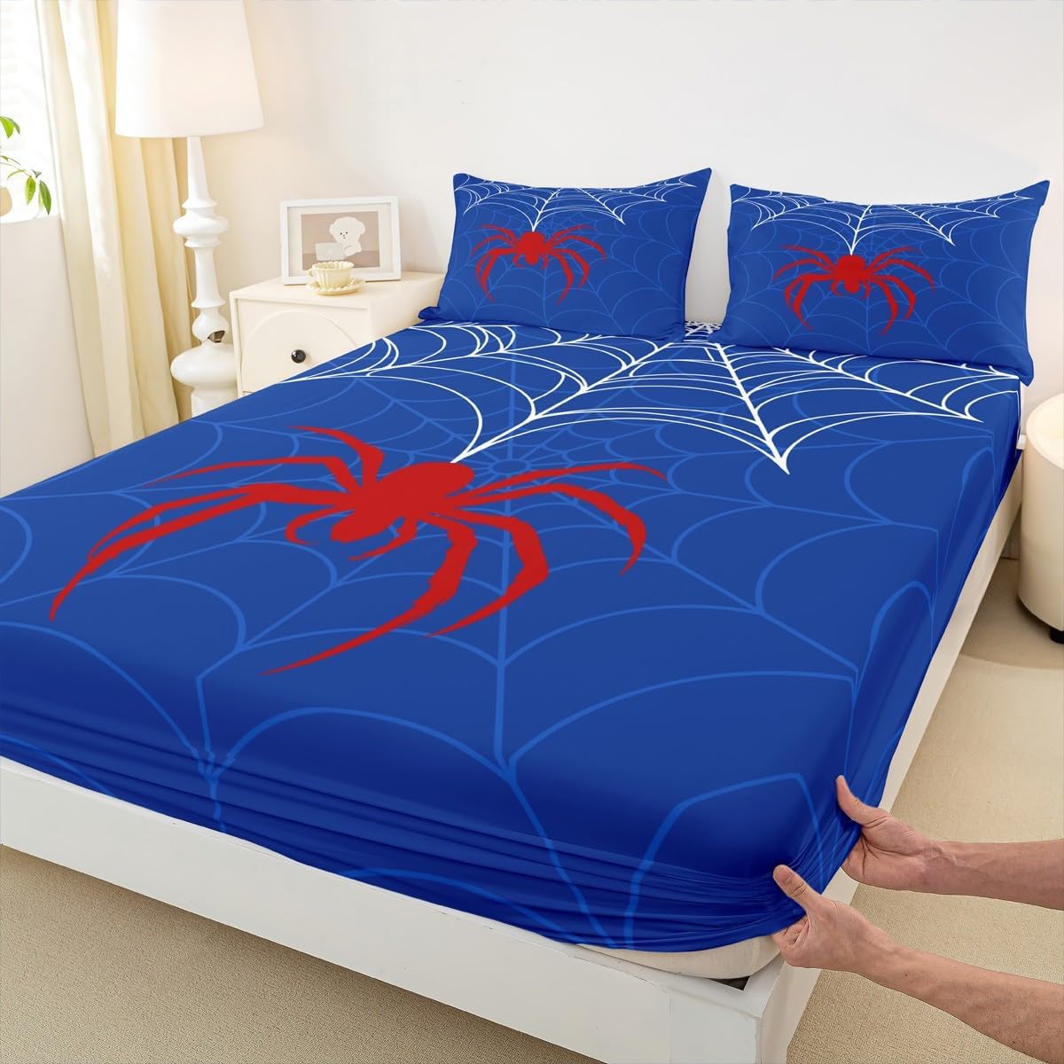 Spider Web Kids Fitted Sheet Queen Size,Red Spider Arachnid Insect Animal Bedding Set,Boys Girls Women Men Room Decor,Halloween Gothic Trippy Blue Noble Bed Sheet,2 Pillowcases(No Flat)