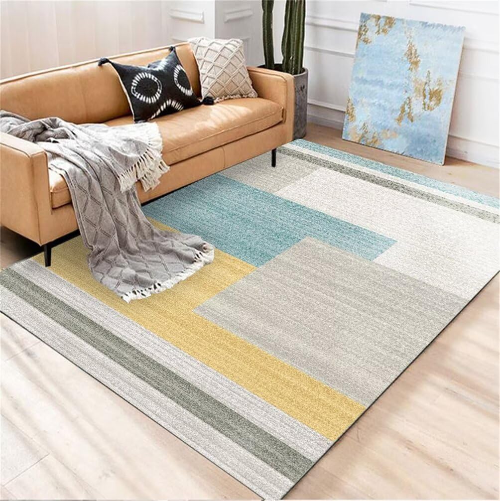 Tapis chambre ado garcon bleu 140x180cm lavable moderne geometrique