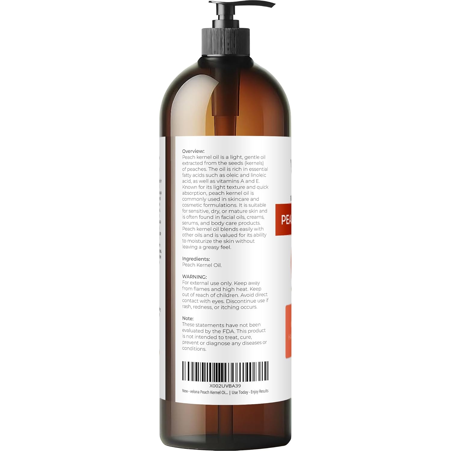 velona Peach Kernel Oil 32 Fl Oz | 100% Pure and Natural Carrier Oil | Refined | Skin, Hair, Body & Face Moisturizing | Use Today - Enjoy Results