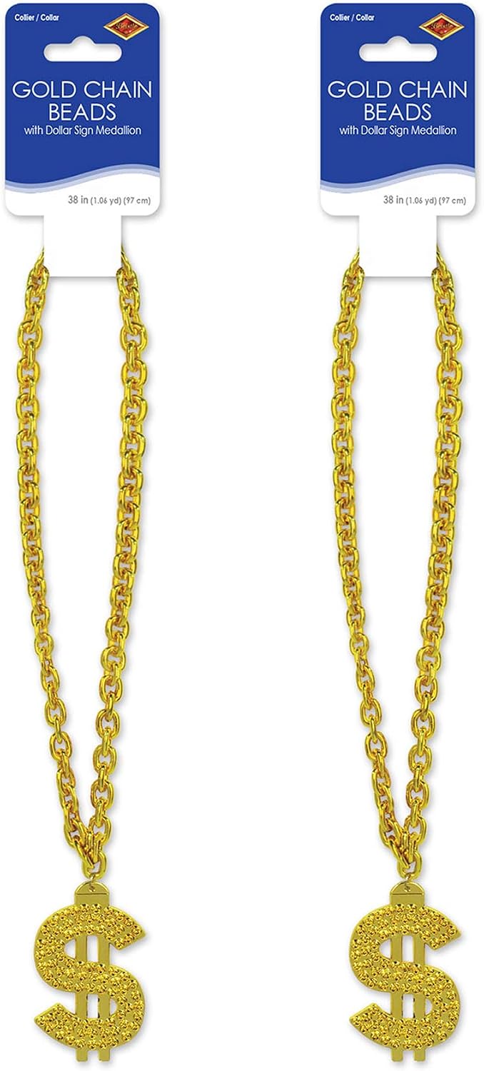 Beistle 53649 Plastic Chain Necklaces With $ Medallion 2 Piece 80's Party Supplies Casino Favors, 38", Gold