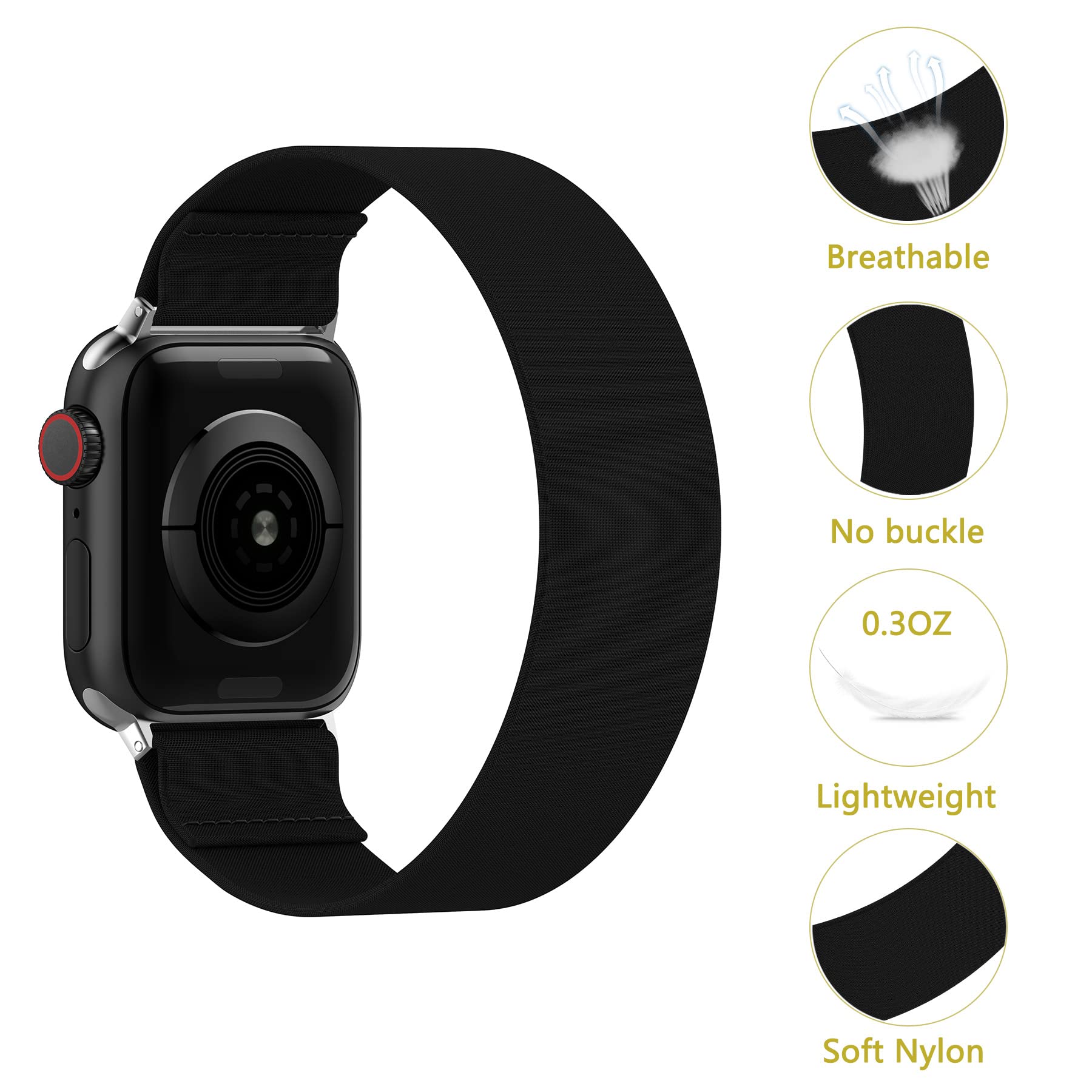 BMBEAR Stretchy Solo Loop Bands Compatible with Apple Watch 38mm 40mm 41mm Braided Elastic Weave Nylon Wristbands Women Men Straps for iWatch Series 7/6/5/4/3/2/1/SE Dark Black — view 3