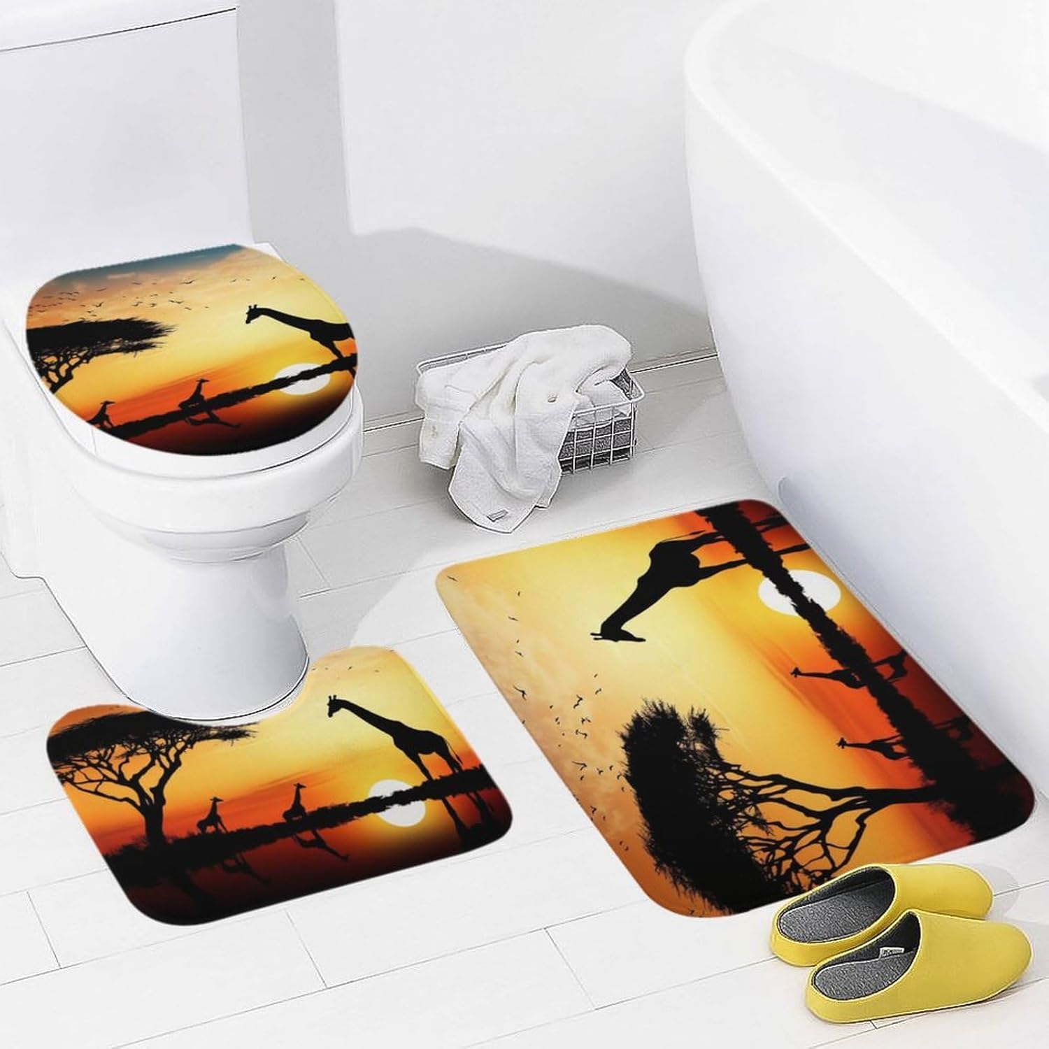 Anti-Skid Floor Mats 3 Piece Set,Giraffe Sunset Printed Coral Fleece Bathroom Mats U-Shaped Contour Mat Toilet Seat Cover for Bathroom, Tub, Shower, Kitchen 19.7"x31.5"
