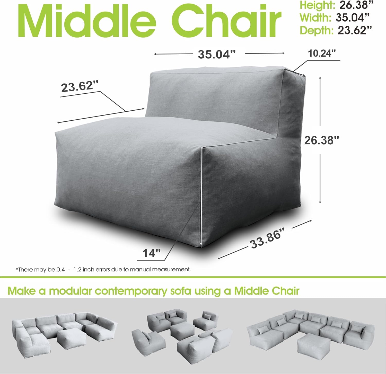 Patio Armless Chair, Outdoor Middle Bean Bag Chair, Daybed Sofa Comfy Couch, Modular Patio Sectional Sofa, Water-Resistant Olefin Fabric, High-Density Foam Filled, Comfy Lounge Seat, Dark Gray