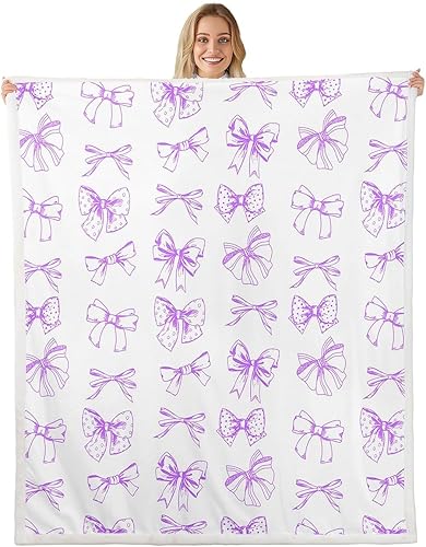 Vista 30 de Manta moderna de franela de vellón con lazo de 40 x 50 pulgadas, estilo princesa, manta mullida para sofá y sofá, con lazos azules y blancos