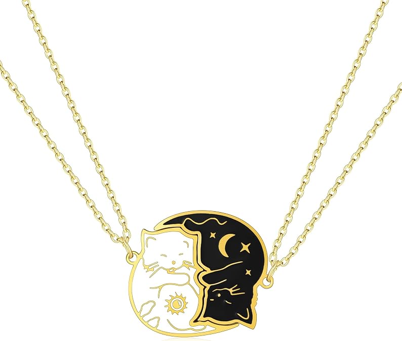 Cat Matching Necklaces for 2, Best Friend Couples Pendant