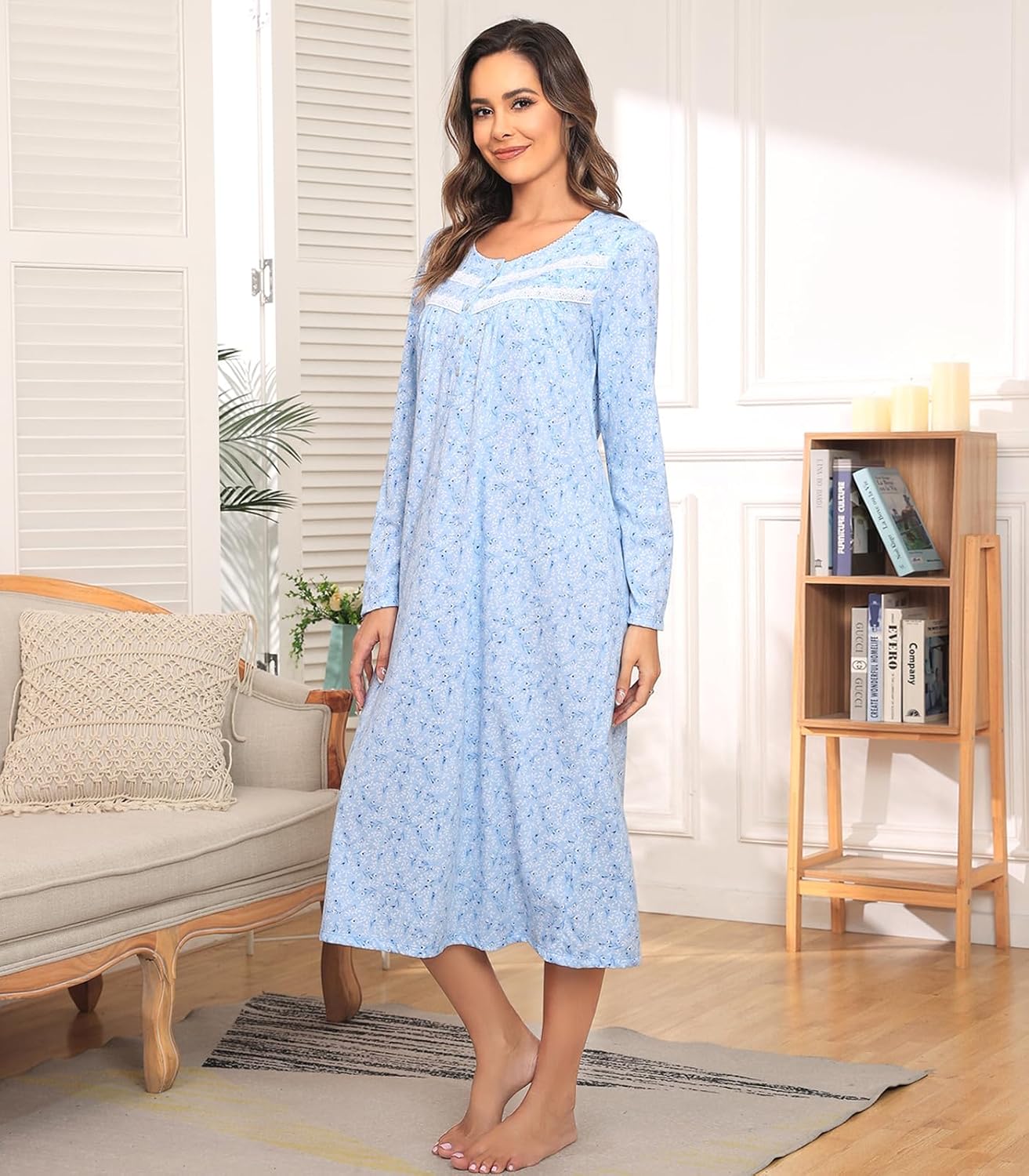Long Cotton Nightgowns for Women 100% Cotton Night Gown Long Sleeve Ladies Nightgowns Sleepwear Vintage Sleep Dress
