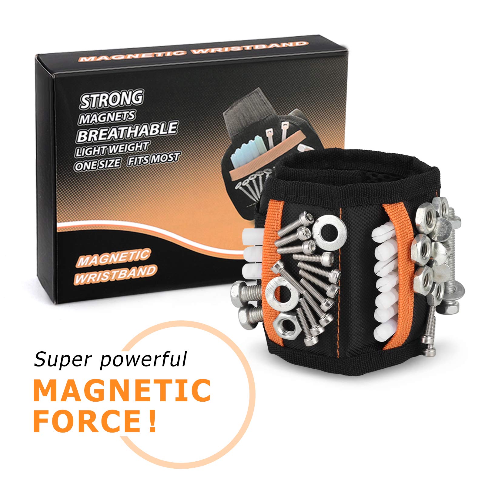 Bracciale Magnetico, Regalo Uomo, Polsino Magnetico con 15 Magneti Super Forti, Fissaggio di Viti/Chiodi/Attrezzi Magnetici, Regalo per Marito, Gadgets Uomo