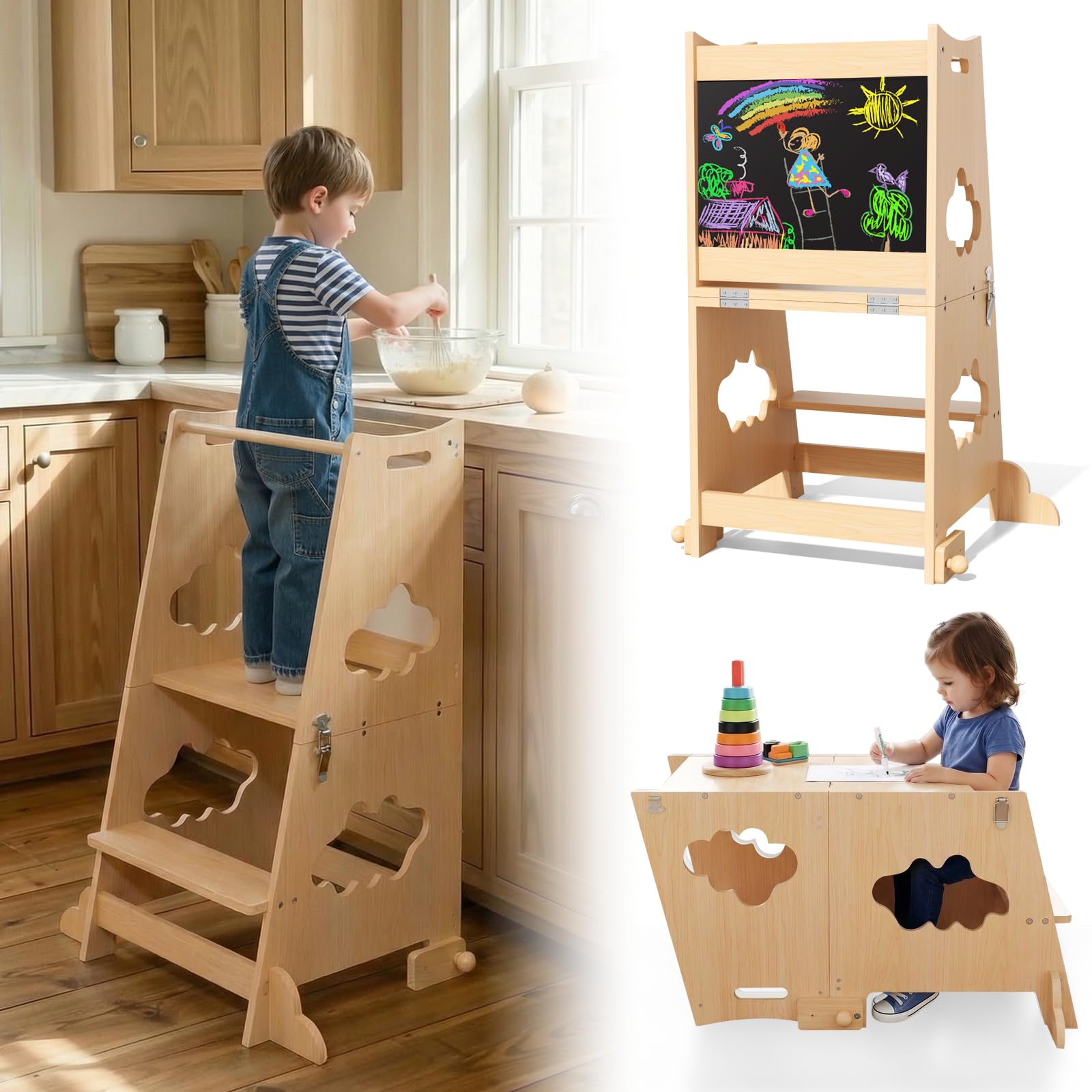 KIDINIX Lernturm ab 1 Jahr, 3 in 1 Montessori Learning Tower mit Sicherheitsgeländer und Tafel, Klappbarer Lernstuhl Kinder mit Tischfunktion für Küche, Bad, Holzfarbe