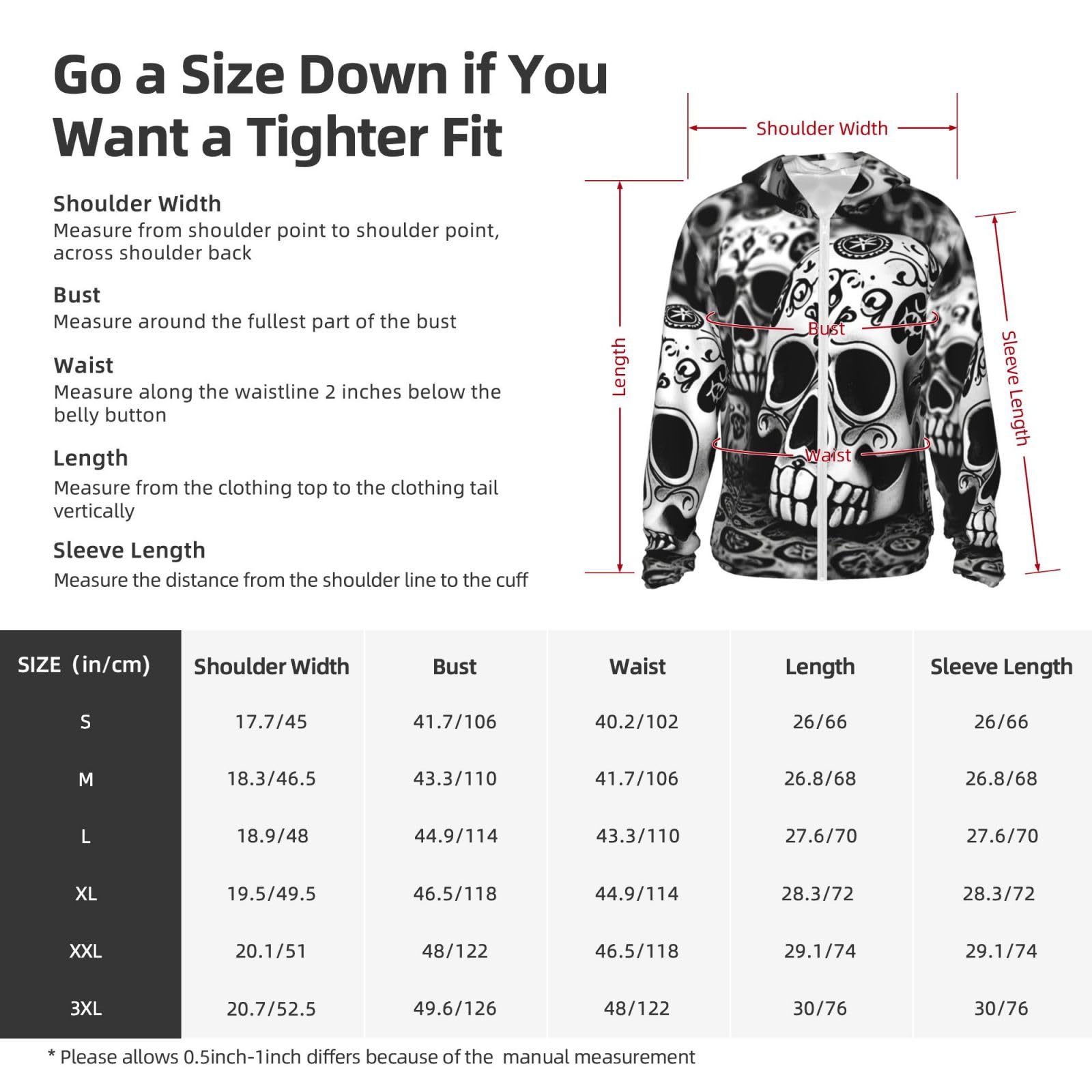 LZQPOEAS Sun Protection Hoodie Black and white skulls Jacket Lightweight Long Sleeve Sun Shirts for Outdoor Hiking Small