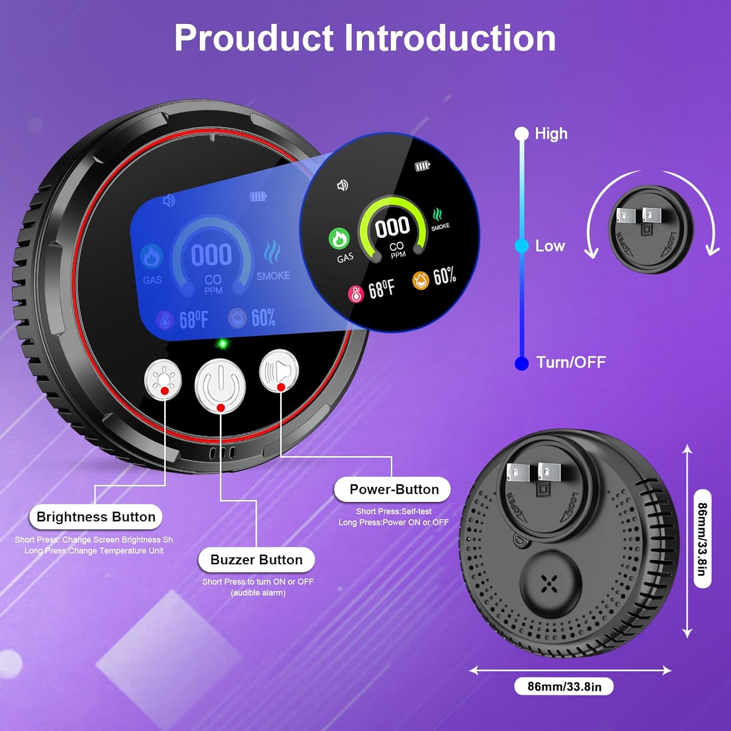 3 Pack Smoke Carbon Monoxide Detector Alarm, Plug in Smoke co Detectors, Home Natural Gas Leak Detector, Portable 5in1 Real-Time Smoke,CO,Gas Monitor Alarms with Temp/RH, for RV Hotel,Travel (Black)