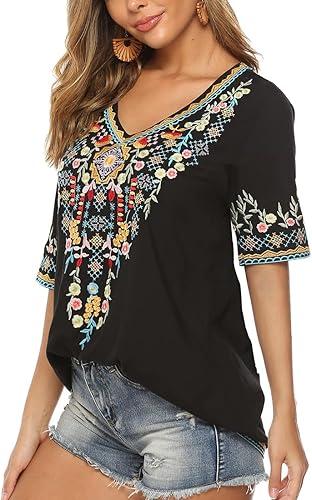 Miniatura 2 de AK Women's V Neck Casual Summer Blouse, Boho Embroidered Mexican Peasant Tops Short Sleeve Shirts Casual Blouse Loose Tunics