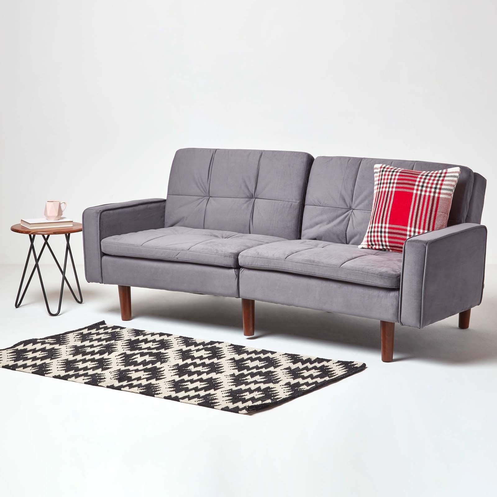 HOMESCAPES Velvet Sofa Bed Dark Grey 3 Seater Sofa with Armrests Click Clack Bed Sleeper Retro