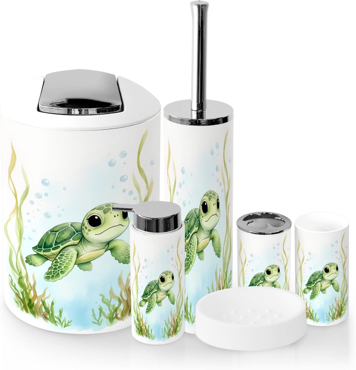 Bathroom Accessory Set 6 Piece Cute Baby Sea Turtle Underwater Green Seaweed Bubbles Trash can, Toothbrush Holder, Toothbrush Cup, Soap Dispenser, Soap Dish, Toilet Brush Holder