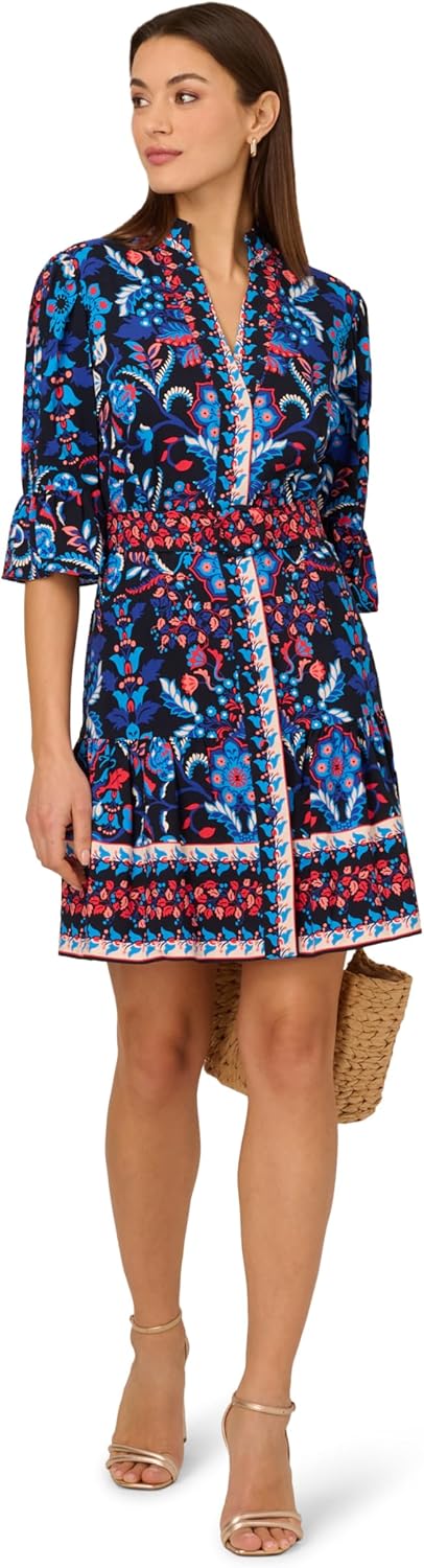 Adrianna Papell Womens Printed Short Flounce Dress