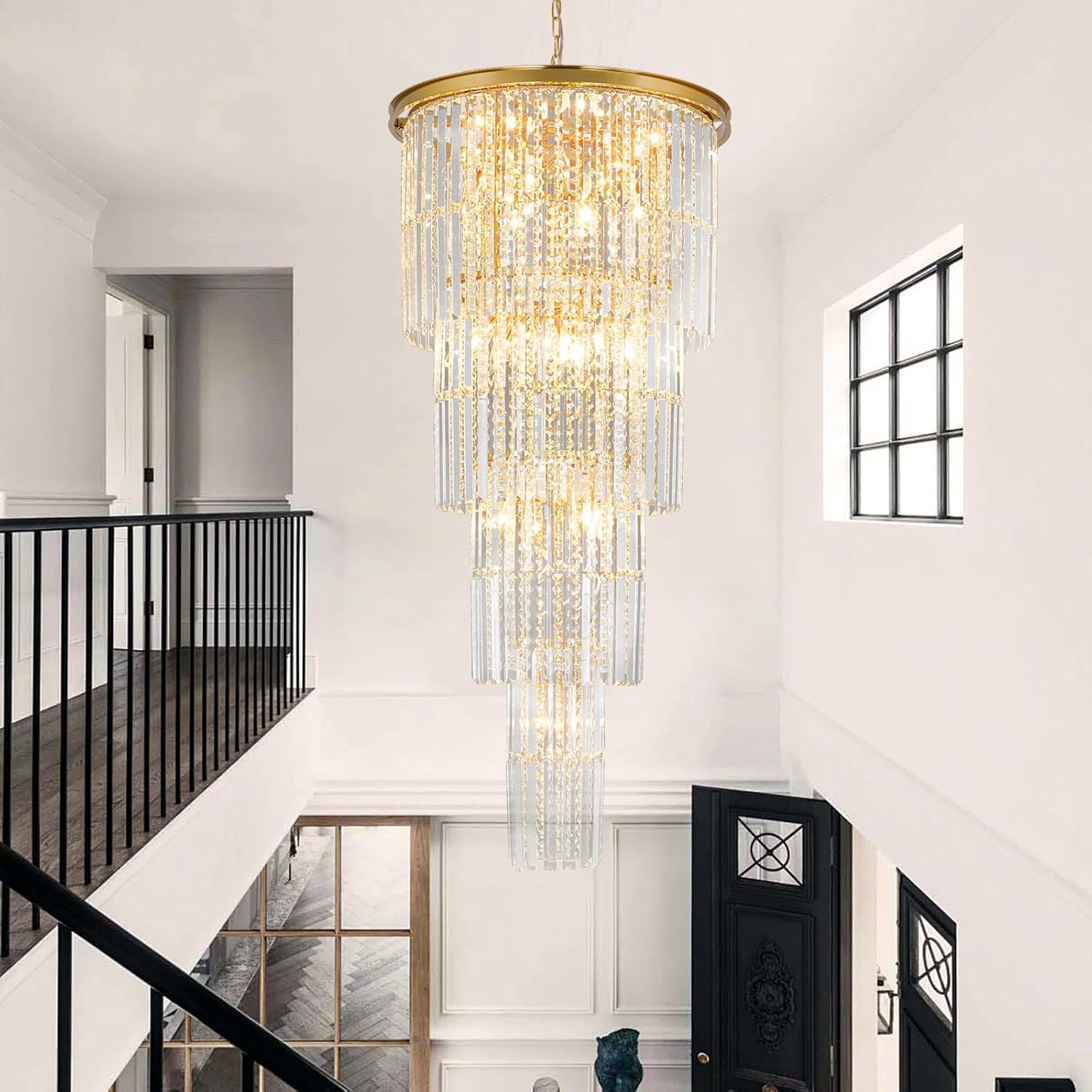 Luxury Gold Crystal Chandelier for High Ceilings, 23-Light Statement Chandelier for Foyer & Entryway, Tall Lighting for Open Living Spaces
