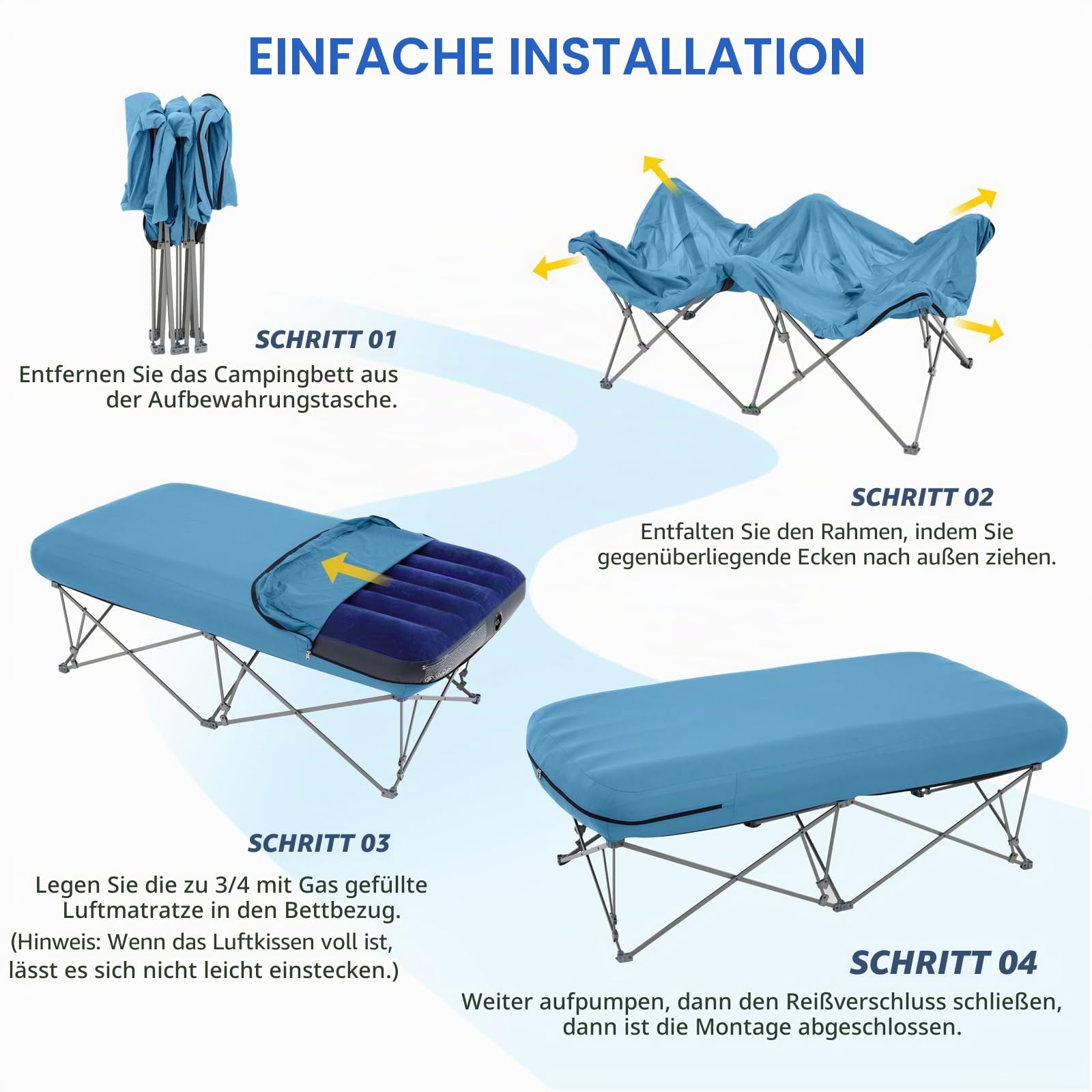 KAMPKEEPER Campingbett, zusammenklappbares Campingbett mit aufblasbarer Luftmatratze und Tragetasche, für Outdoor-Reisen
