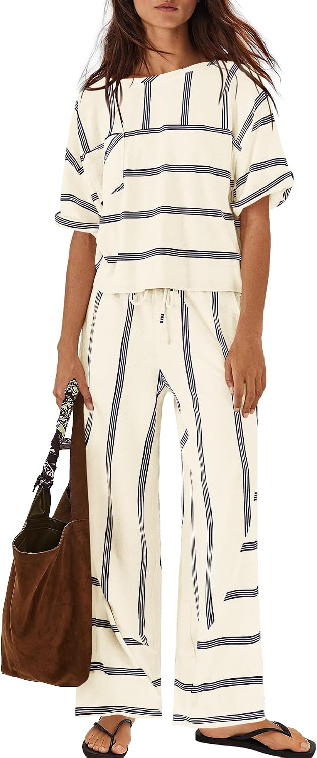 Nirovien Womens Striped Lounge Set 2 Piece Vacation Sets Short Sleeve Tops and Wide Leg Pants Travel Sets with Pockets