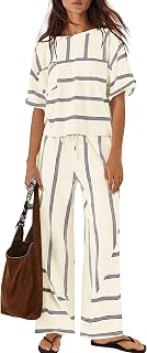 Nirovien Womens Striped Lounge Set 2 Piece Vacation Sets Short Sleeve Tops and Wide Leg Pants Travel Sets with Pockets