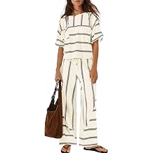 Nirovien Womens Striped Lounge Set 2 Piece Vacation Sets Short Sleeve Tops and Wide Leg Pants Travel Sets with Pockets