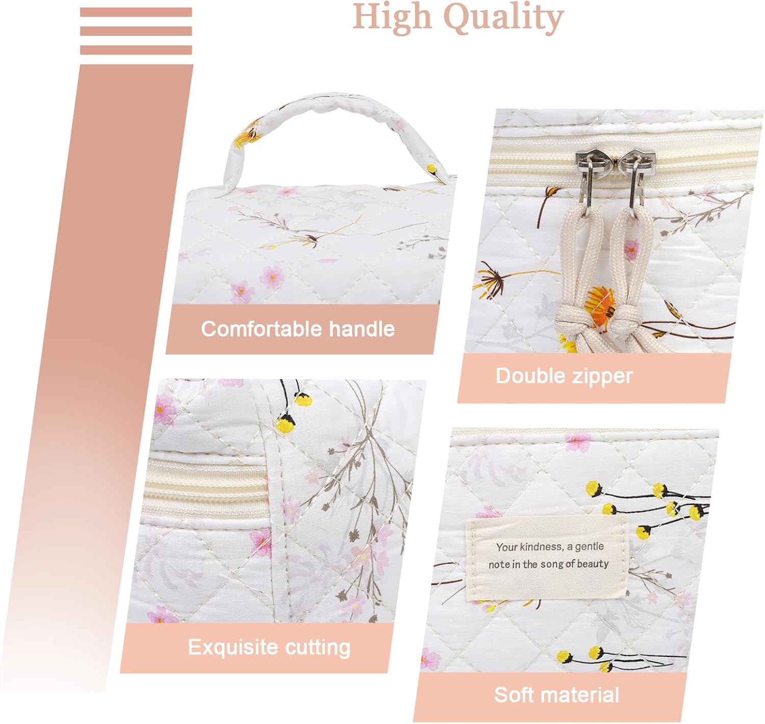 VIWIME Makeup Cosmetic Bag, Large Cotton Quilted Travel Coquette Aesthetic Cute Floral Make up Bag for Women Toiletry Bag Organizer (303-LongYellow)