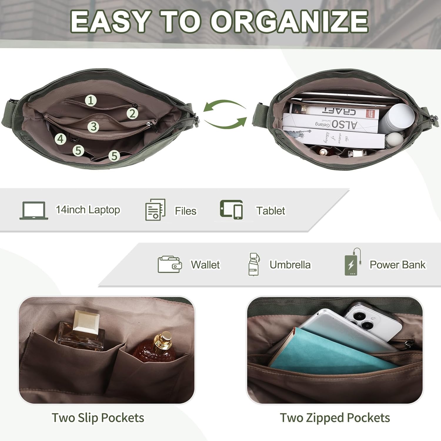 Kasqo Canvas Hobo Bag for Women,Casual Lightweight Crossbody Messenger Bag for Men Women Shoulder Tote Bag for Work Travel - Image 4