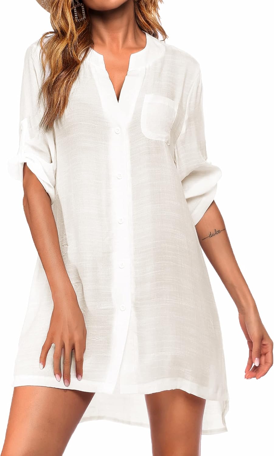 Ekouaer Women's Cover Up Shirt V-Neck Swimsuit Beach Bikini Beachwear Button Down Bathing Suit Sheer Coverups S-3XL