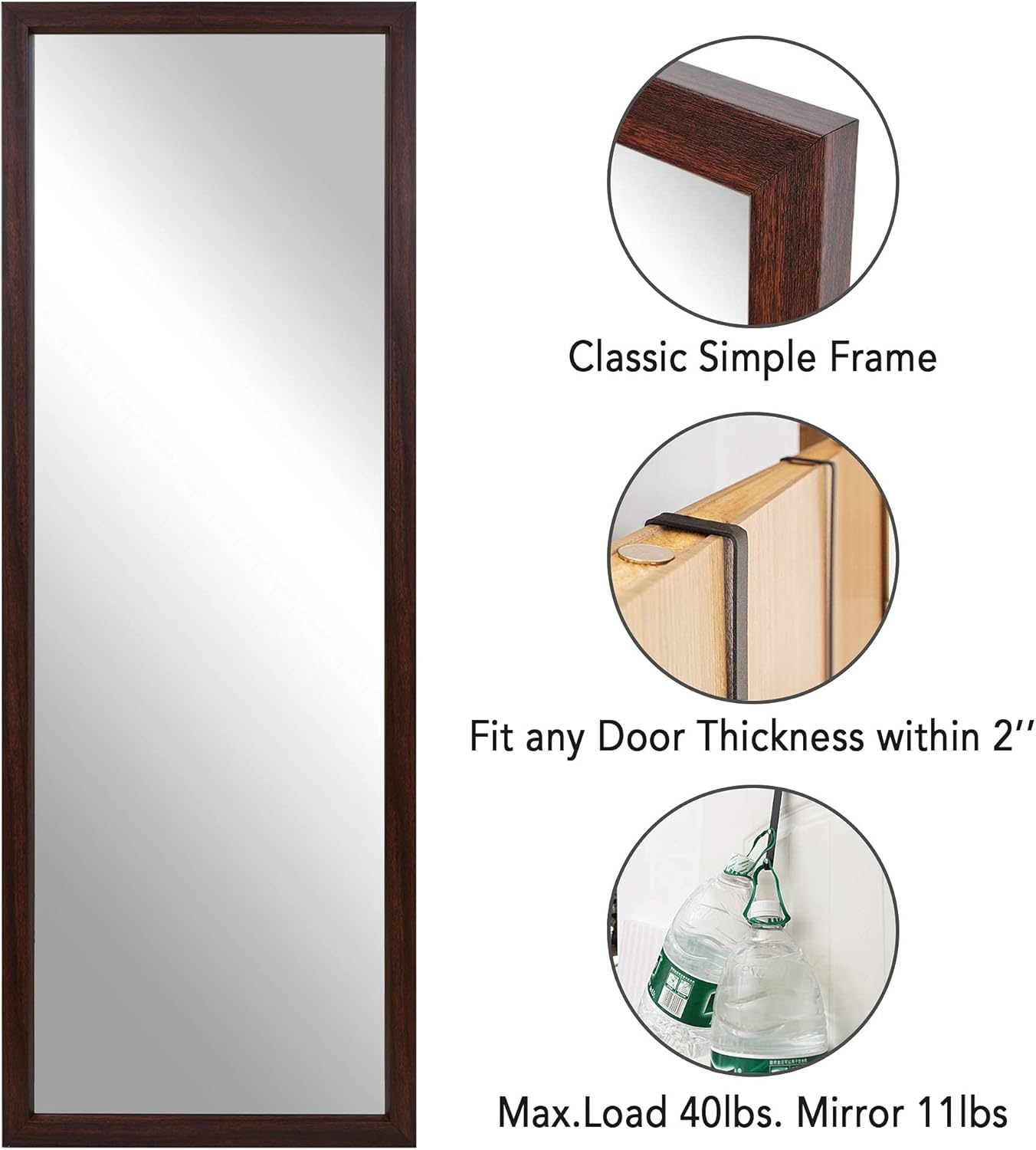 PexFix Door Mirror 18"x51"Sleek Frame Floor Mirror Full Length Over The Door Dressing Mirror Vertital Hanging Wall Mirror Rectangle Decor with 2 Removable Hangers - Brown,Walnutcolor-18''x51'',Brown