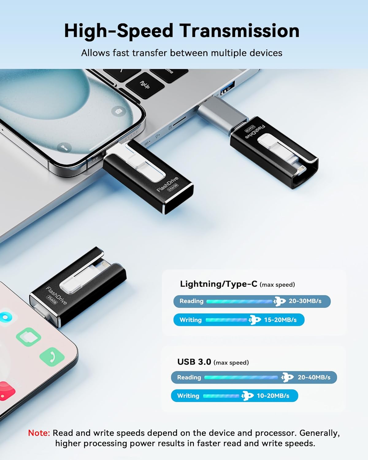 MFi Certified Flash Drive for iPhone 256GB, 3 in 1 Type-C USB Memory Stick Thumb Drive for Photos Videos, High Speed External Memory Storage Photo Stick for iPhone iPad Android PC (Black)