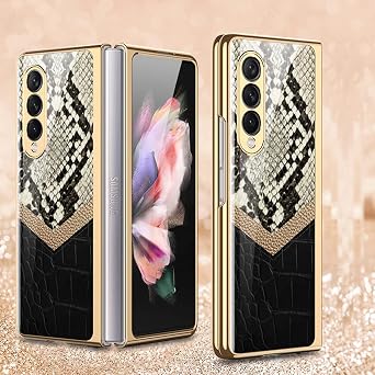 SHIEID Z Fold 3 Case, Z Fold 3 Case Ultra-Thin Tempered Glass Phone Case Protective Cover for Galaxy Z Fold 3 5G Fashion Electroplated PC Back Cover, Boa Pattern-5