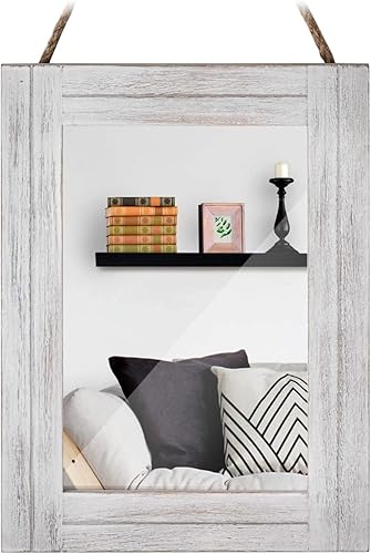 Miniatura 8 de DECORKEY Espejo de pared rectangular para baño, decoración de madera blanca envejecida con cuerda para colgar para decoración rústica del hogar,