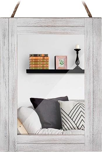 DECORKEY Rectangle Wall Mirror for Bathroom, Distressed White Wood Decor with Hanging Rope for Rustic Home Decor, Vanity, Living Room 12"×16"