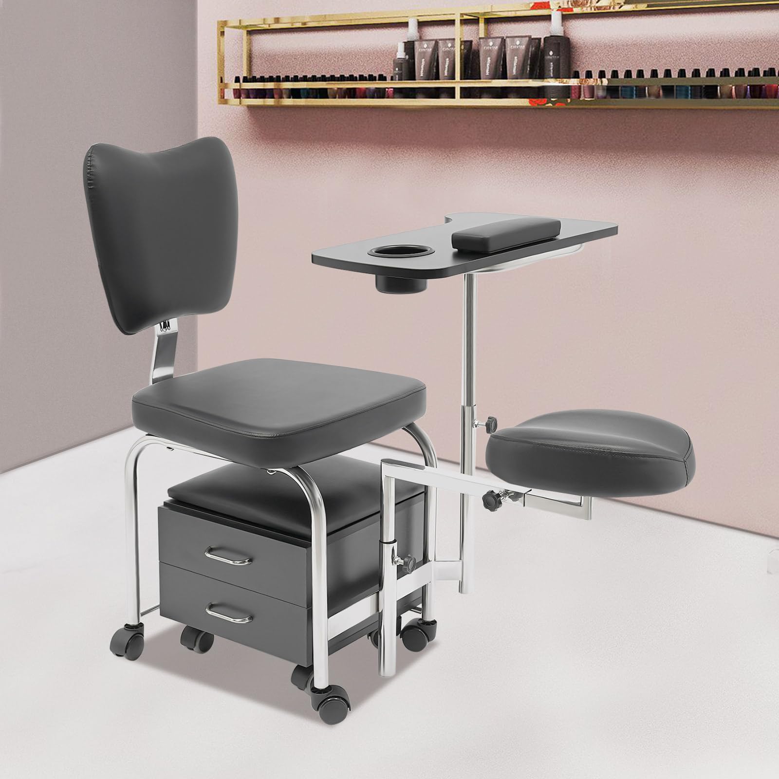 Sedia per manicure pedicure con altezza regolabile, tavolo per unghie da parrucchiere, sgabello da massaggio con 8 ruote, 2 cassetti, armadietto per salone di unghie (nero)