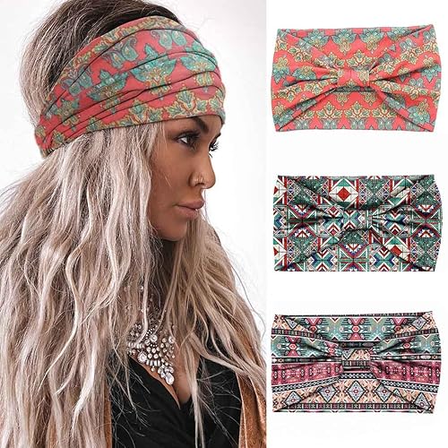 Aceorna Diademas bohemias anchas anudadas para el cabello, bandas elásticas estampadas, diademas bohemias para mujeres y niñas, 3 piezas (juego B)