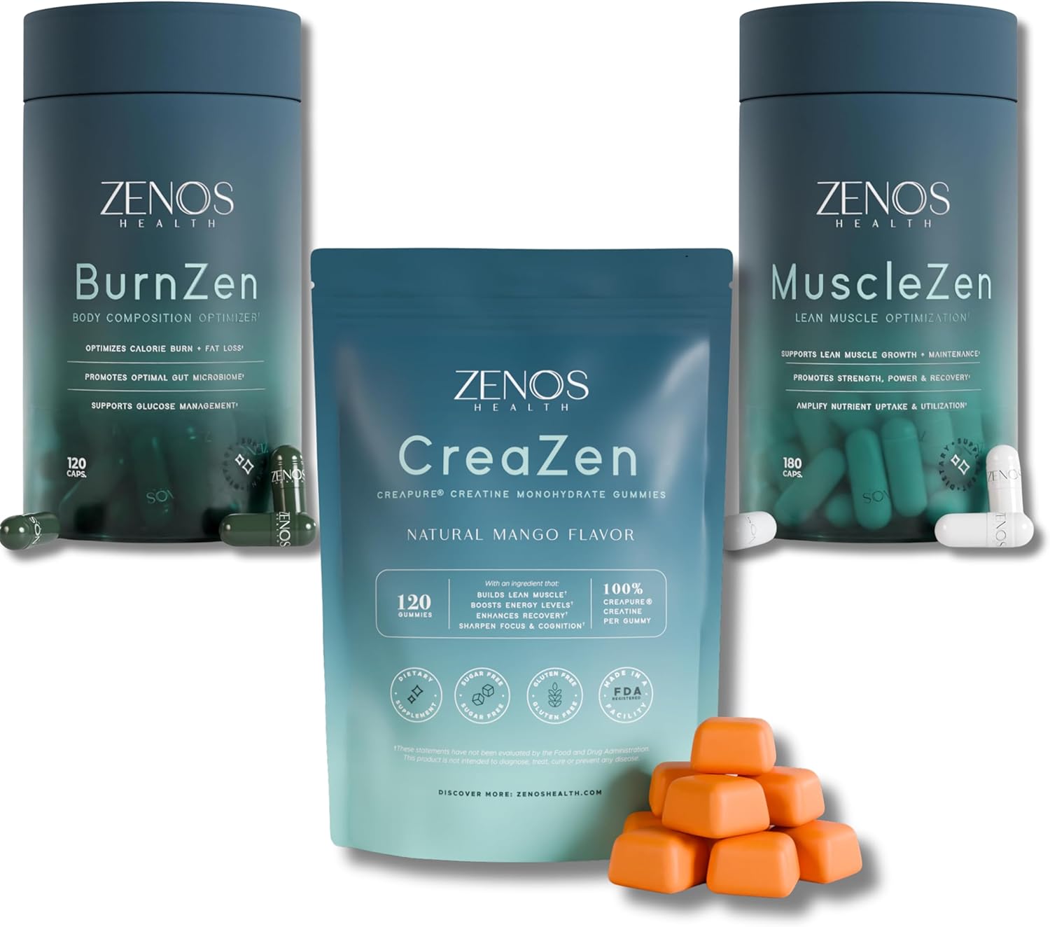 Zenos Health BurnZen + MuscleZen + CreaZen Bundle – Weight Loss, Muscle Growth & Strength Support | Metabolism Booster, Muscle Builder & Creatine Gummies for Energy & Recovery | Made in USA
