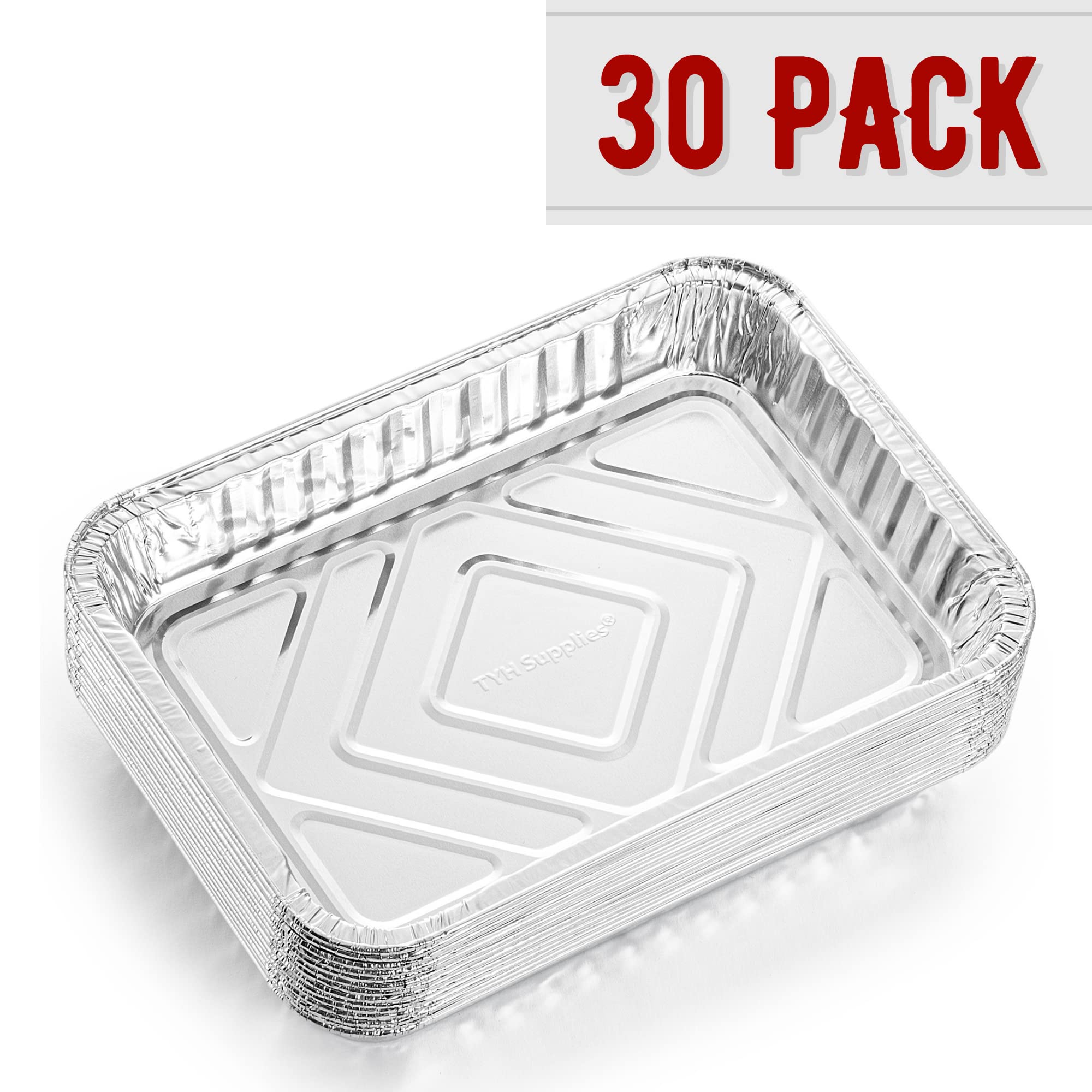 TYH Supplies Zestaw 30 małych jednorazowych 18 cm na 12,5 cm tacka do grillowania z folii aluminiowej, blaszane wkładki do patelni do zbierania tłuszczu, wymienne wkładki 19 cm x 12,5 cm opakowanie zbiorcze