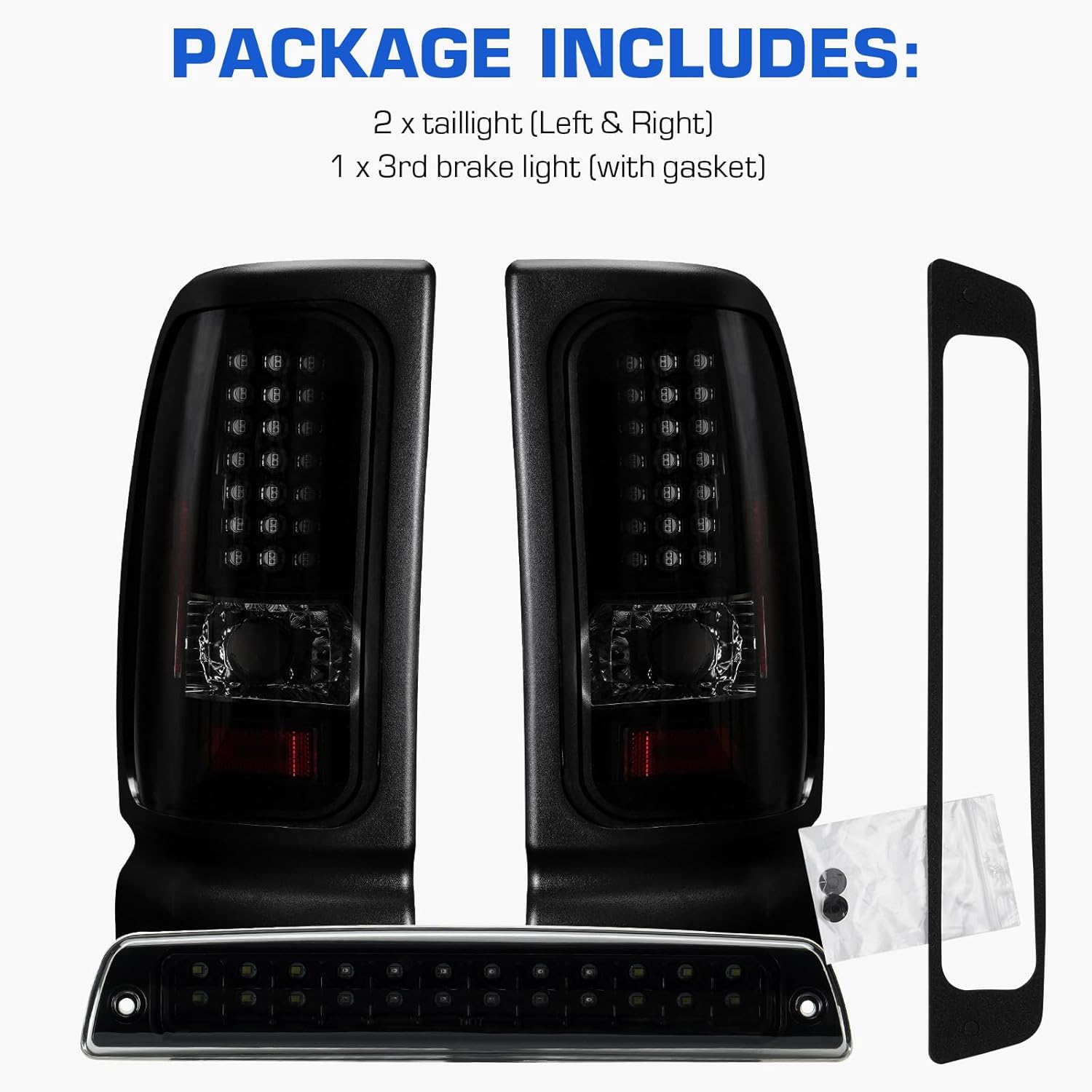 LED Tail Light + 3rd Brake Light Kit for Dodge Ram 1500 1994-2001, for Dodge Ram 2500 3500 1994-2002, Rear Brake Cargo Lamp Taillight Assembly, Black Housing Smoke Lens
