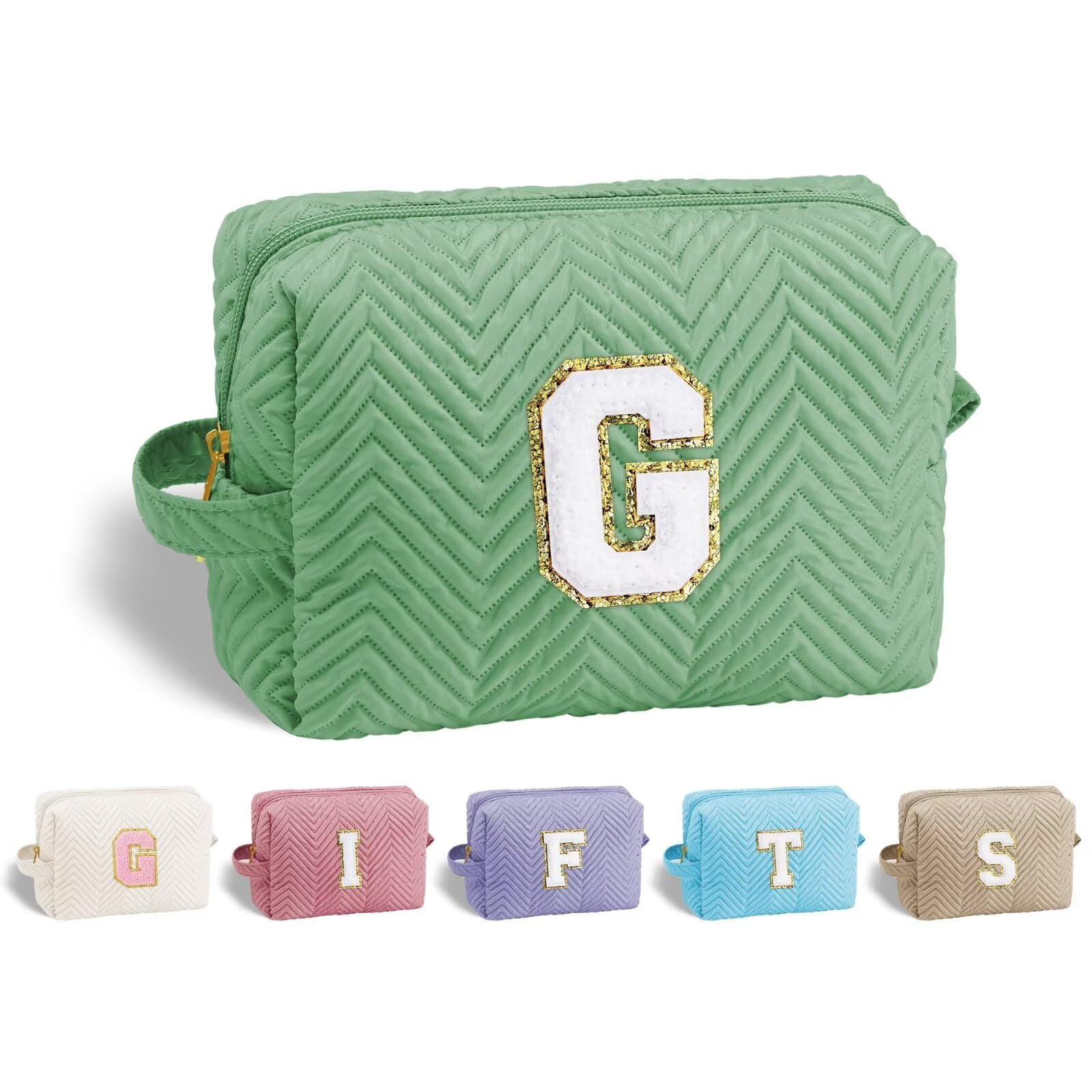 YOOLIFEBirthday Gifts for 4 5 6 7 8 9 10 11 12 13 14 Year Old Girl, Initial Makeup Bag Cosmetic Bag for Girls Teen Daughter Sister,Personalized Stocking Stuffers for Teen Girl Kid | Green G