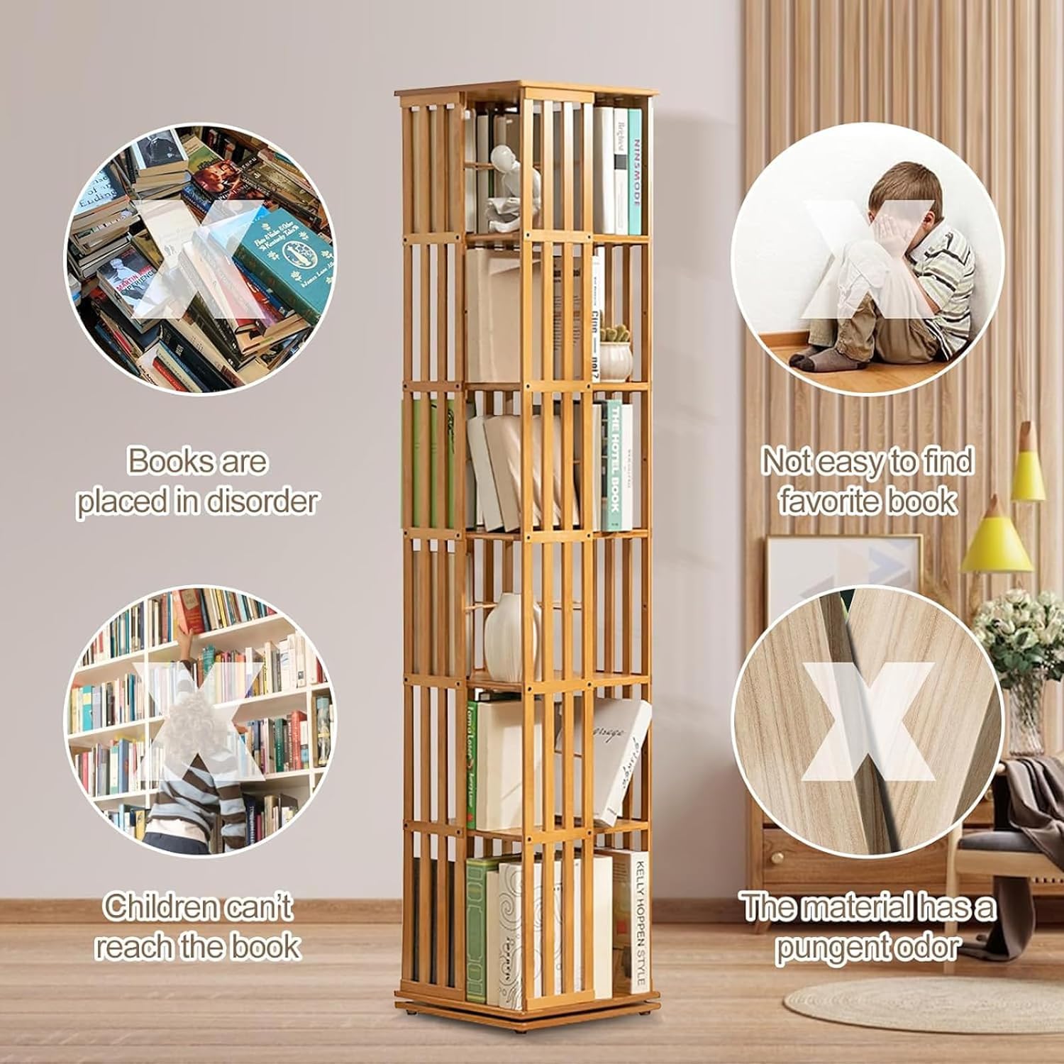 Obrotowy o 360 stopni bambusowy regał na książki regulowane zdejmowane przegrody idealne do domu lub biura idealne do przechowywania książek studiów nizacji stylowe rozwiązanie ekspozycyjne