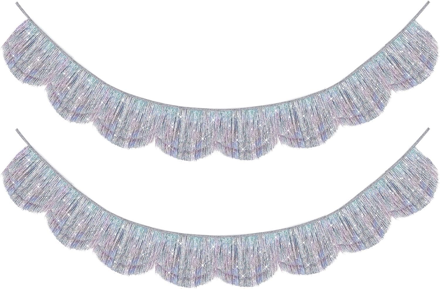 2pcs 6.6ft Flash Silver Iridescent Fringe Garland Scalloped Tassel Banner 8 Waves Sparkle Streamers Party Backdrop Decoration for Birthday Baby Bridal Shower Graduation Wedding Photo Background