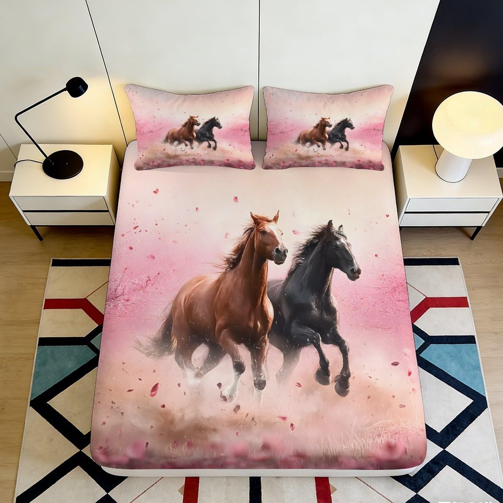 3D Printed Running Horse Fitted Sheet Microfiber Deep Pocket Bedroom Bedding Set Running Horse Mattress Fitted Cover Non-Slip Elastic Full Wrap Washable 140x200x25cm