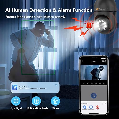 Miniatura 3 de Jennov Cámara de seguridad con bombilla 2K inalámbrica para exteriores, cámaras de enchufe de luz interior para seguridad del hogar, detección