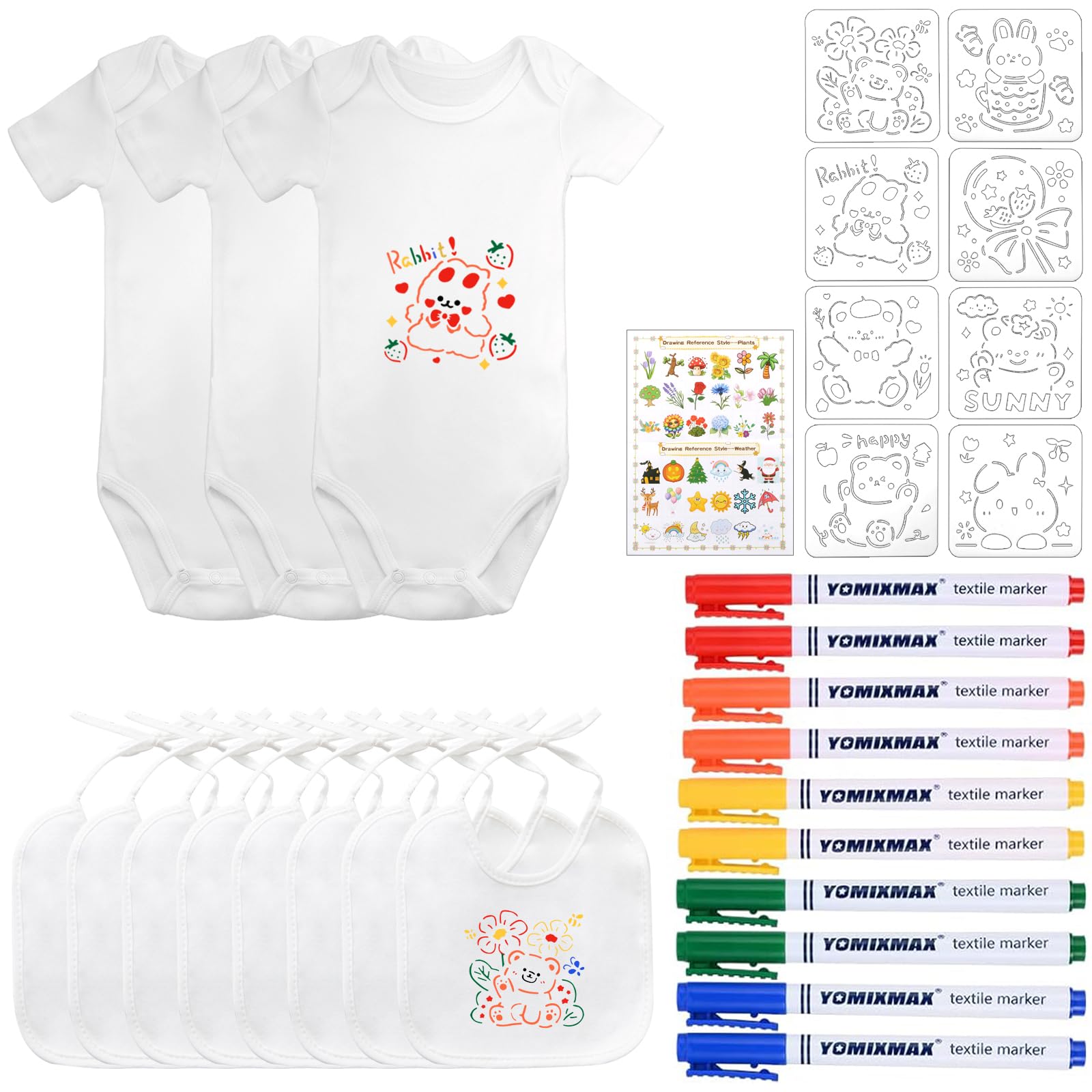 KingYH Lätzchen zum Bemalen und Bodys zum Bemalen Baumwolle DIY Baby Lätzchen Set mit Textilstiften und Malen Schablonen für Junge Mädchen Babyshower (29, Weiße, 6 Monate)