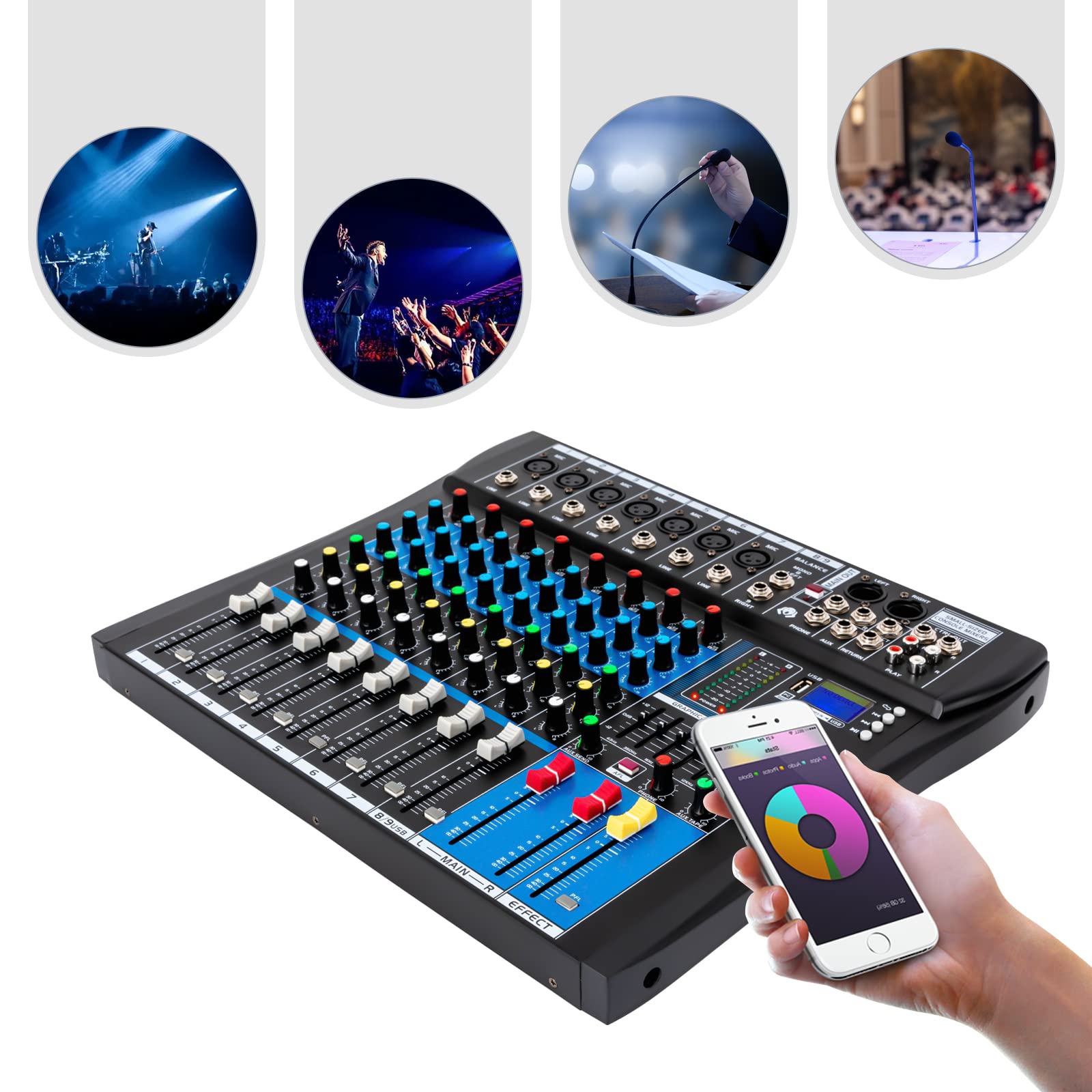 DJ - Mixer digitale Bluetooth con amplificatore, mixer audio multicanale, 8 canali, 5 bande, 4 effetti hall, per home TV, conferenze, palcoscenico