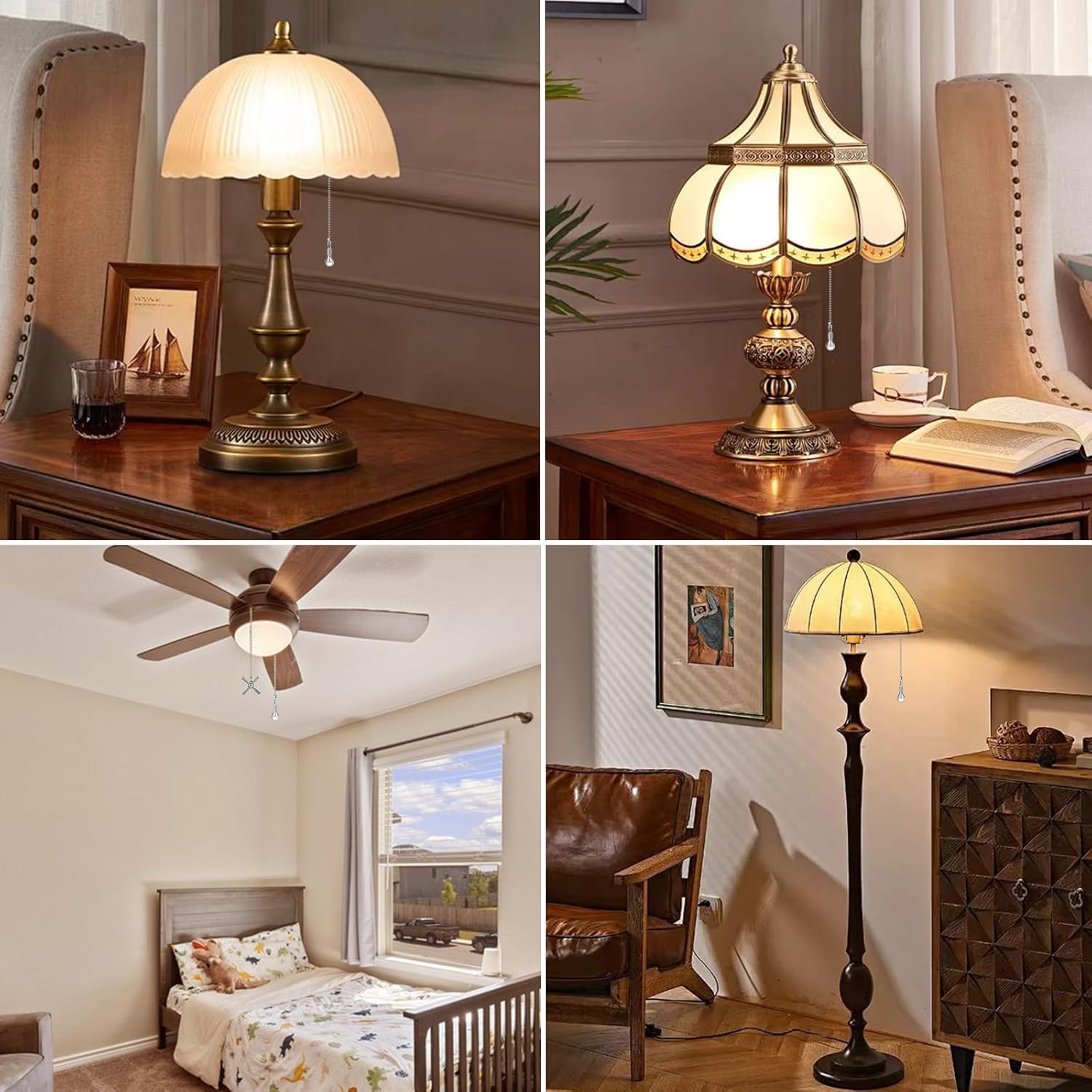 Ceiling Fan Pull Chain Ornaments, 13.6 Inches Fan Pulls Extension Chains Set, Decorative Metal Light Bulb and Fan Cord, Ultra Long 3mm Diameter Beaded Ball Pull Chains for Lamp