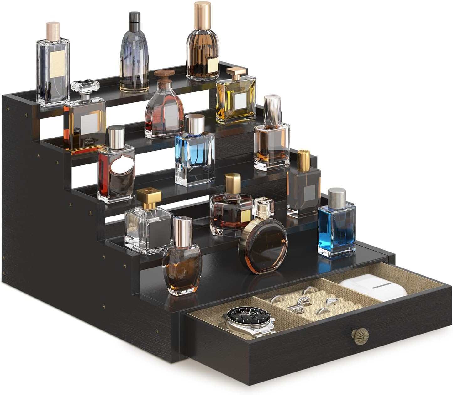 EsLuker.ly Perfume Organizer Cologne Holder Stand for Men, Wooden Cologne Display Shelf for Bedroom Dresser Countertop, 5 Tier Large Capacity Storage Rack with Drawer, Keep Fragrance Neat & Accessible