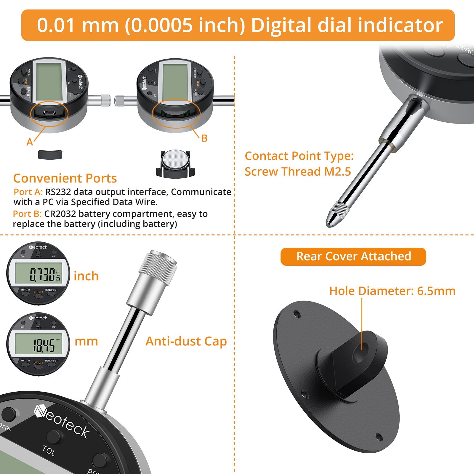Neoteck Reloj Comparador0.01/0.0005'' Indicadora de Dial Digital y base magnética con Cable de Datos y Función de Tolerancia Conversión de Pulgadas/Métrica 25,4mm para Laboratorio Taller Impresoras 3D