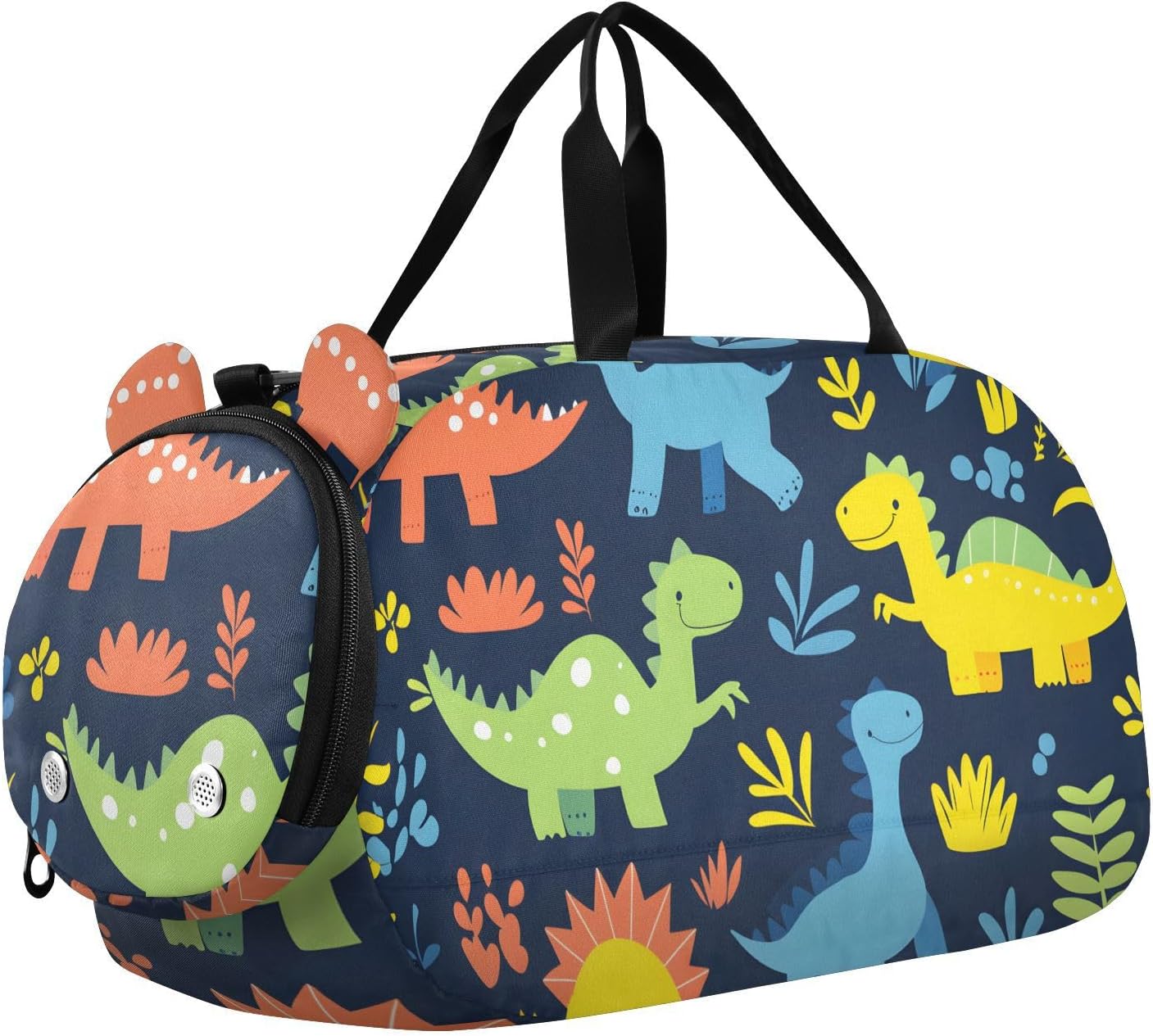 Kids Sports Duffel Bag for Boys & Girls - Colorful Animal Dinosaurs Dino 100% Polyester Gym Bag with Separate Shoe Compartment, Adjustable Shoulder Strap, Compact Travel & Workout Gear Bag