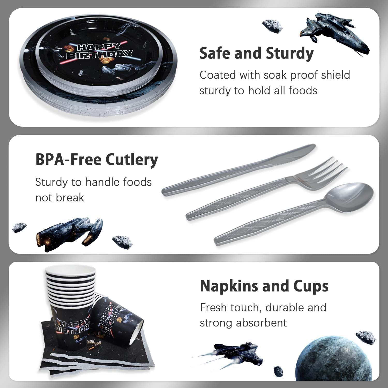 Space Wars Birthday Party Decorations Plates Set 25 Guests,175pcs Cardstock Plates, Napkins, Cups Cutlery Set Star Galaxy Starship Themed for Boys Kids Party Supplies